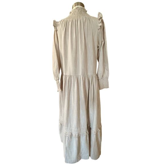ROLLER RABBIT Maxi Dress Delfia Beige Ruffle Trim High Neck Long Sleeves Small - Picture 2 of 11